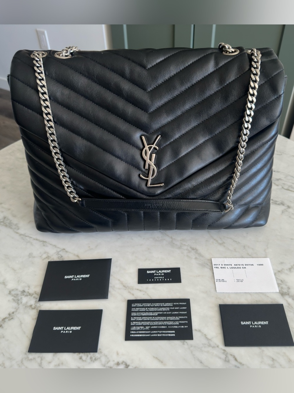 Saint Laurent Black Chevron Quilted Leather Shoulder Bag with Silver Hardware